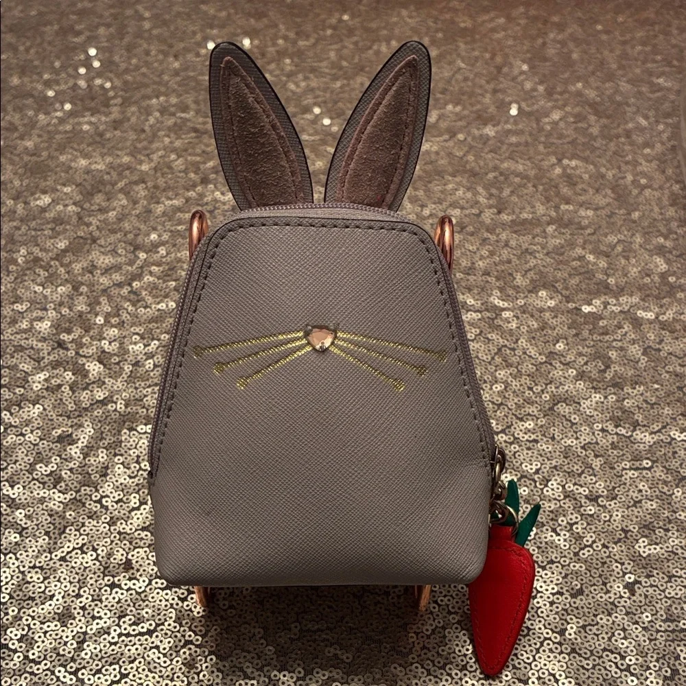 Gray Bunny Coin Purse Kate Spade w Carrot Zip & Fuzzy Tail Leather 2017 - Picture 2 of 10